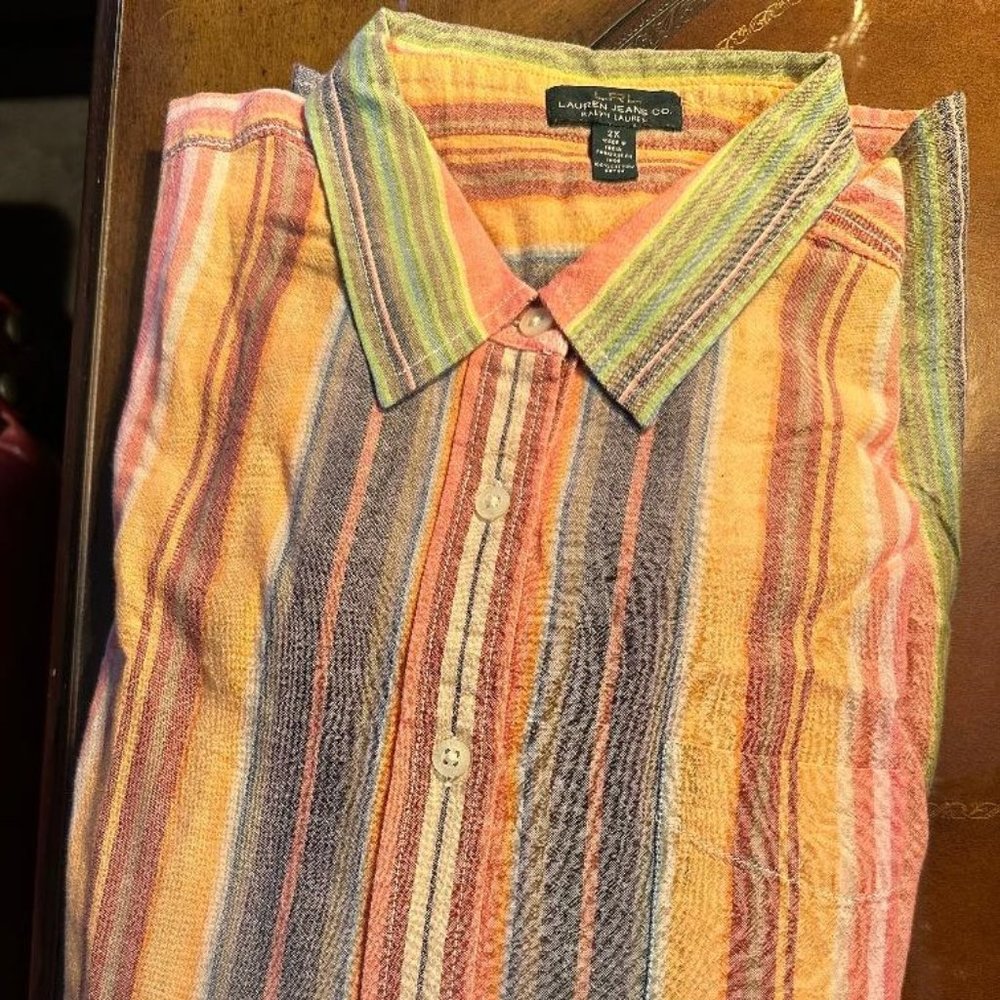 Women's Ralph Lauren Distressed Candy Striped Long Sleeved Blouse Size 2X NWOT